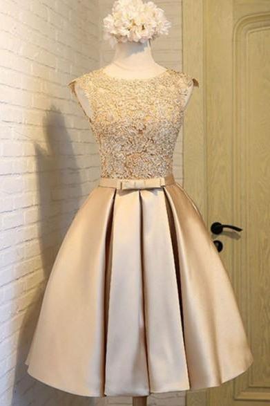 Champagne Round Neck Lace Homecoming Dress, Short Prom Dresses,
