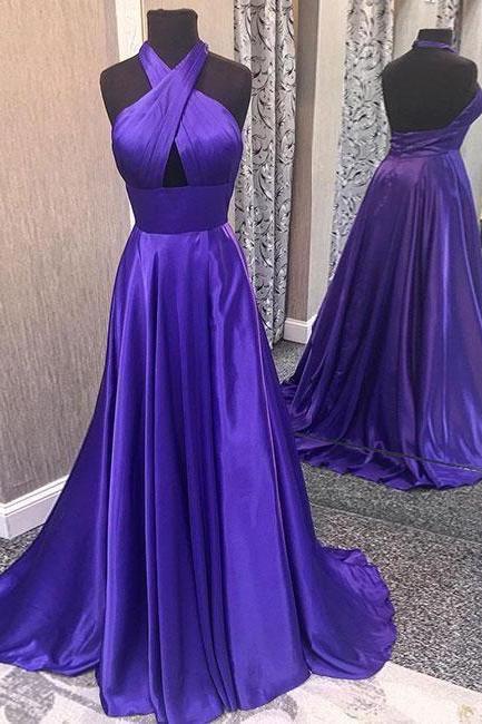  Satin Tie-Halter Floor Length A-Line Formal Dress Featuring Cutout Front and Open Back, Prom Dress,