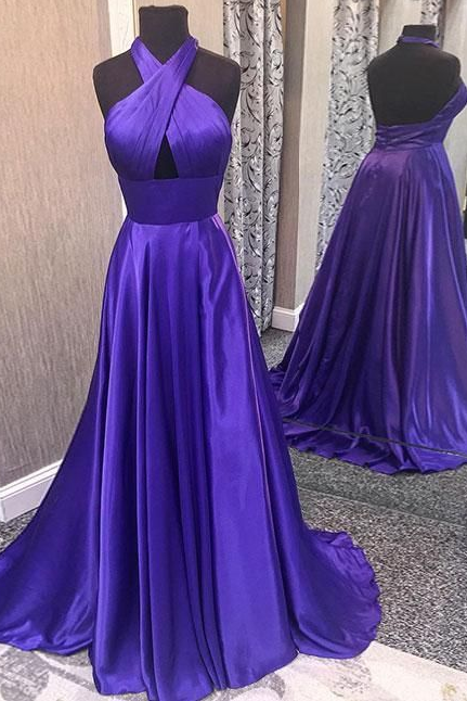  Prom Dress, Satin Tie-Halter Floor Length A-Line Formal Dress Featuring Cutout Front and Open Back, Prom Dress,