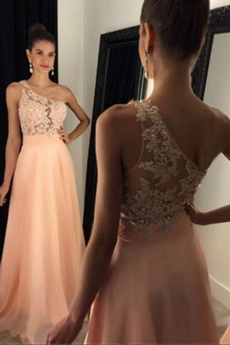 Sexy Backless See Through Back Prom Dress, Charming Chiffon Beading Prom Dress,sexy One Shoulder Evening Dress, Peach Chiffon Prom Gown