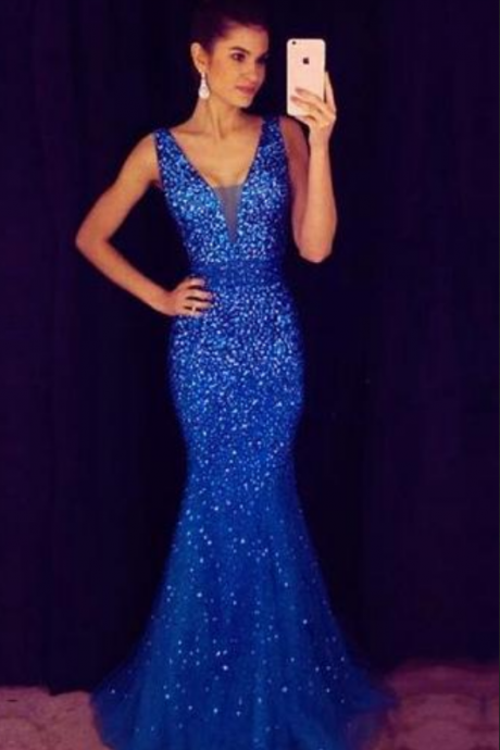  Royal Blue Prom Dress, Mermaid Prom Dress, Crystaled Prom Dress