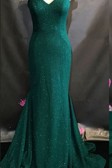 Dark Green Sparkly Off-the-shoulder Mermaid Long Prom Dress, Evening Dress With Court Train