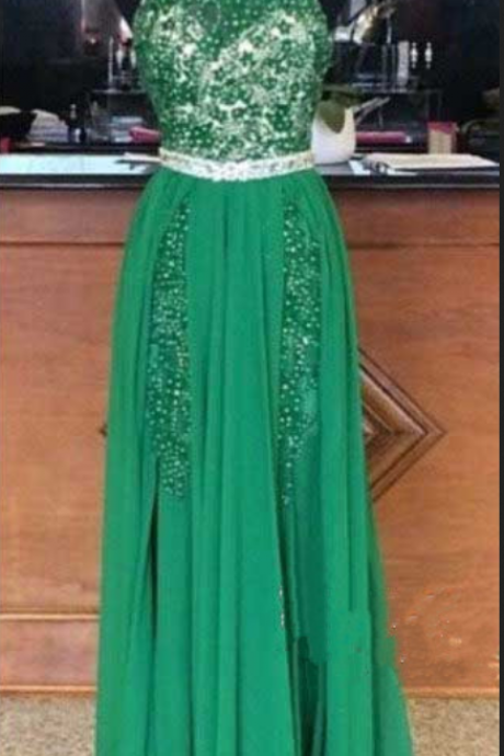 Prom Dress,halter Prom Dress,beaded Prom Dresses, Backless Evening Dress, Green Prom Dresses
