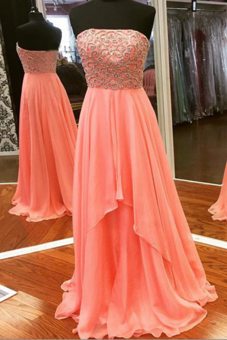 Long Beaded Coral Prom Dresses Featuring Sweetheart Neckline Long Chiffon Evening Gowns