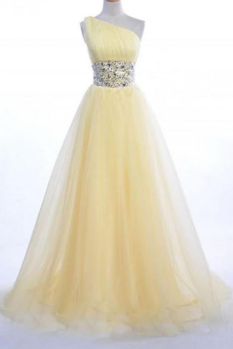 Yellow One-shoulder Tulle Long Prom Dress With Jewel-embellished Waistband And Court Train