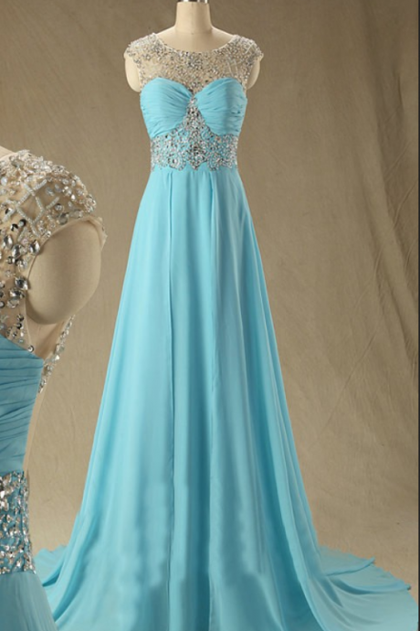Custom Cap Sleeve Blue Chiffon A Line Floor Length Long Evening Prom Party Dresses