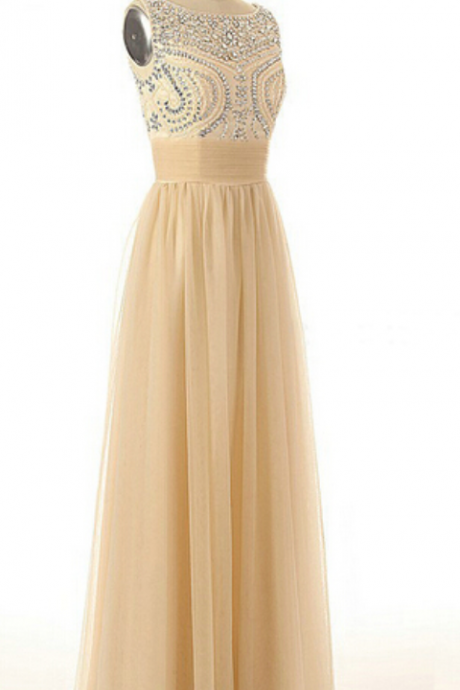 Long Prom Dress, Champagne Prom Dress, Scoop Neck Dress, Charming Prom Dress, Beading Prom Dress, Popular Prom Dress,