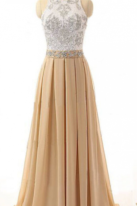 Beaded Embellished Halter Neck Champagne Floor Length A-line Prom Dress