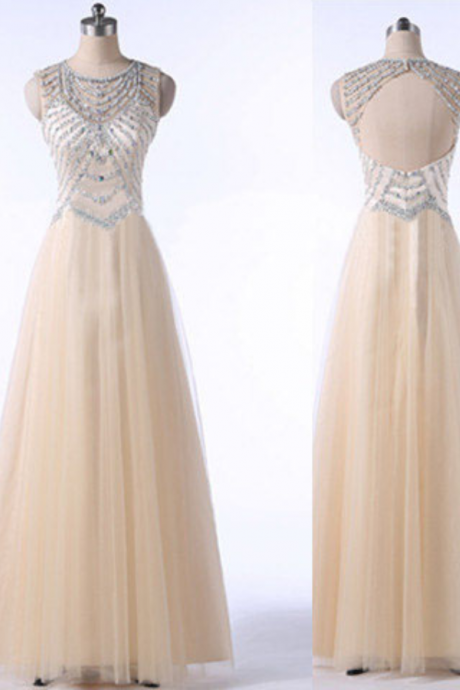  long prom dress, champagne prom dress, open back prom dress, tulle prom dress, elegant prom dress, available prom dress