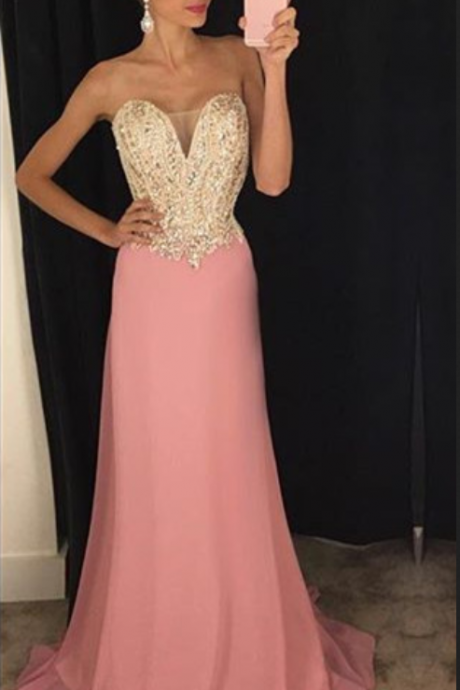 Pink Long Prom Dresses,chiffon Prom Gowns,pink Prom Dresses,beaded Party Dresses,long Prom Gown,beading Prom Dress