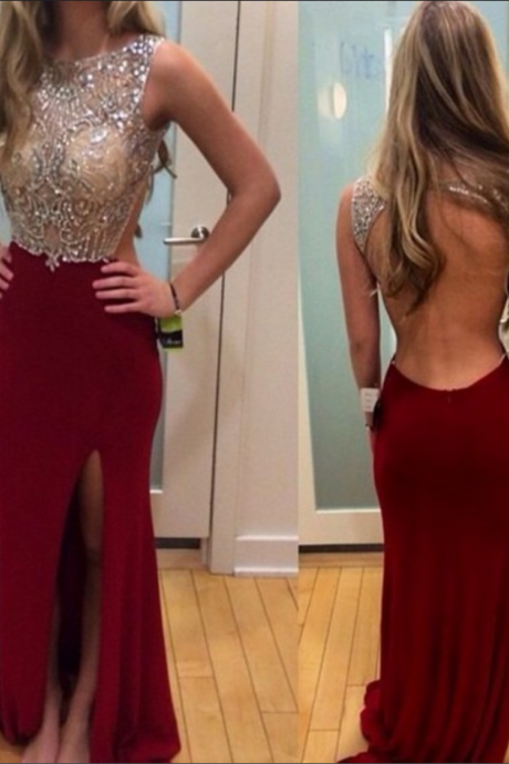 Arabic Backless Mermaid Evening Dresses 2015 Charming Long Prom Gowns Sequins Scoop Chiffon Beading Formal Evening
