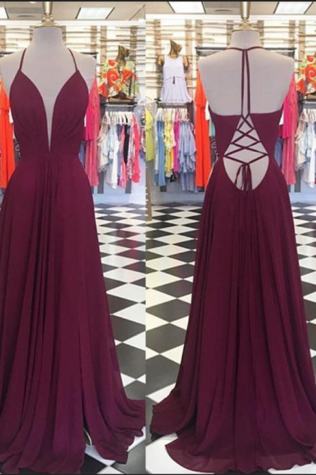 Simple V Neck Chiffon Backless Long Prom Dress, Evening Dress, Deep V Prom Dress, Backless Prom Dress, Criss Cross Back Prom Gown, Sexy Part