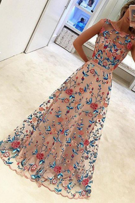 Scoop Neckline Floral See Through Gorgeous Long Prom Dresses