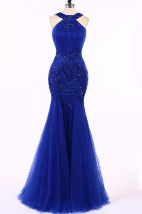 Long Mermaid/trumpet Prom Dresses, Royal Blue Sleeveless With Beaded/beading Floor-length Evening Dresses