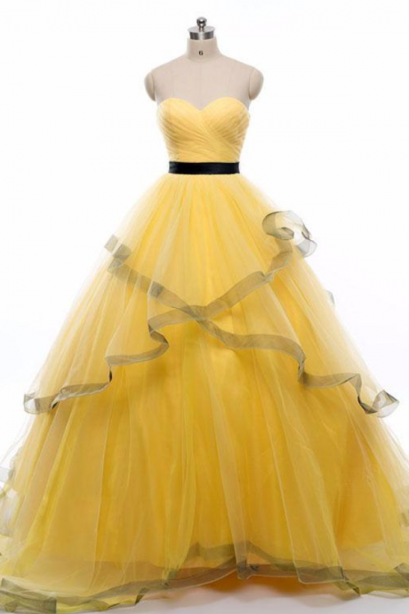 YELLOW SWEETHEART TULLE LONG PROM DRESS, YELLOW EVENING DRESS