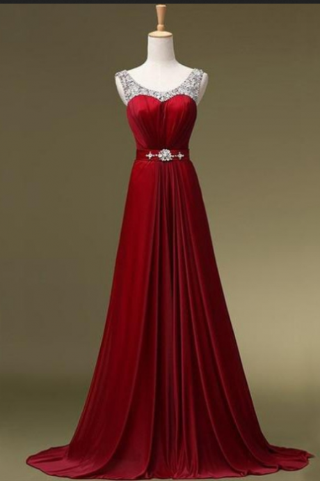 Red Long A-line Zipper Beading Chiffon Prom Dresses