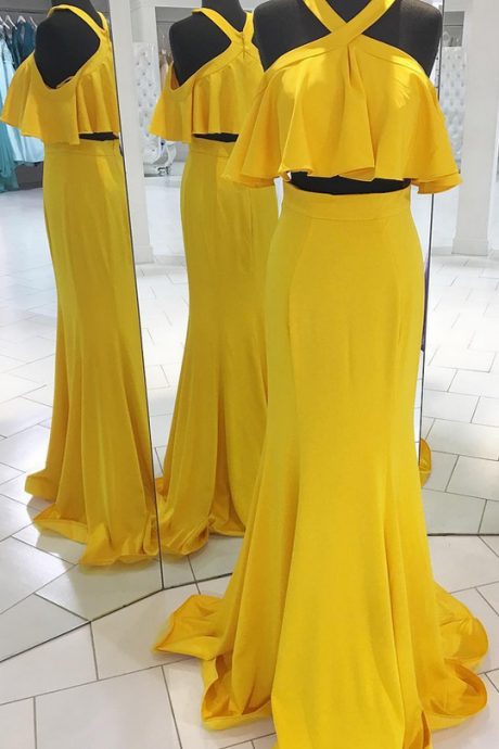 Two Piece Yellow Long Prom Dress With Ruffle,prom Dresses,evening Dress