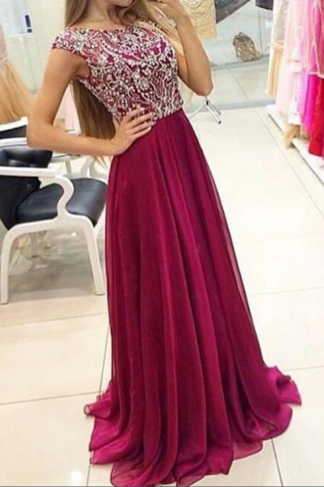 Fashion A-line Bateau Cap Sleeves Long Prom Dress With Beading