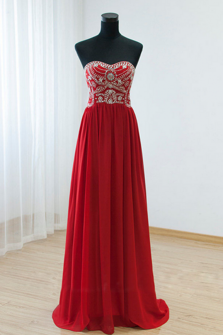 Red Chiffon Beaded Strapless Floor Length Prom Dress