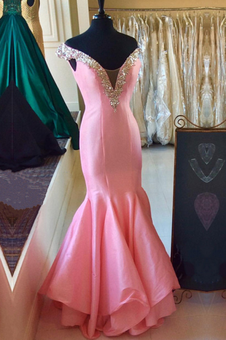 Sexy V Neck Mermaid Prom Dress, Beaded Pink Long Evening Dress, Women Dresses