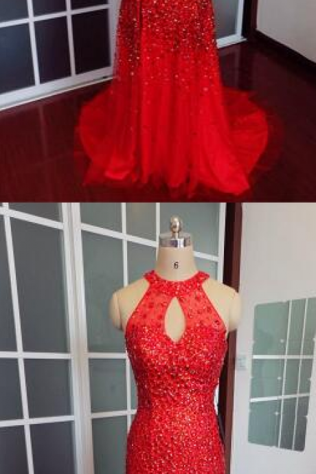  Luxurious Red Prom Dress,Sexy Prom Dress,Tulle Prom Dress,Crystal Beaded Mermaid Hater Prom Dresses Long Tulle Leg Split Evening Gowns