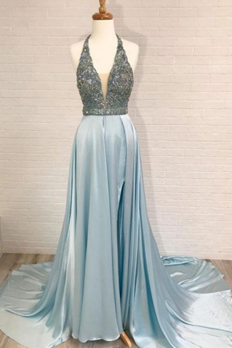 Blue V Neck Long Prom Dress,blue Evening Dress