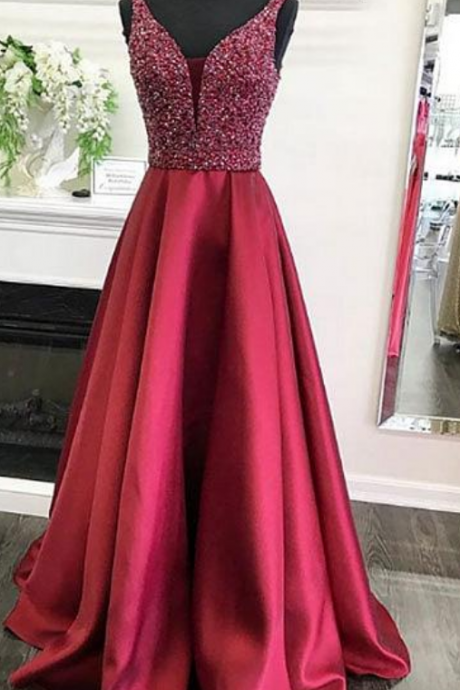  Burgundy v neck long prom dress, burgundy evening dress 