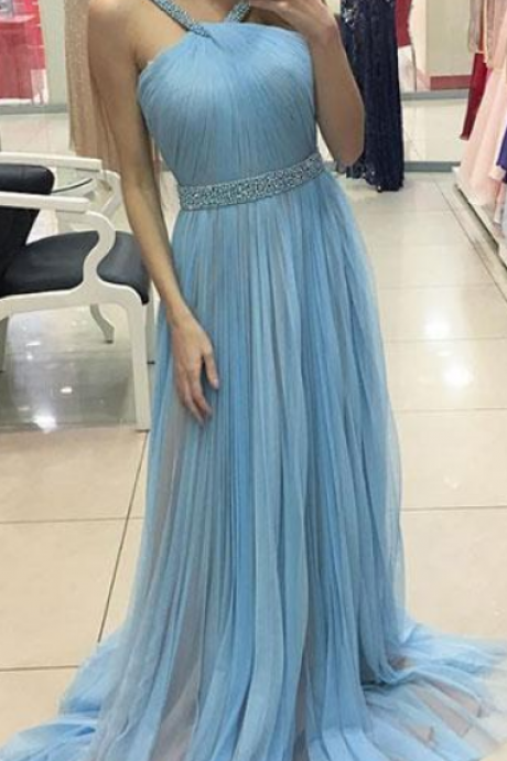 Simple Blue Tulle Long Prom Dress, Tulle Evening Dress
