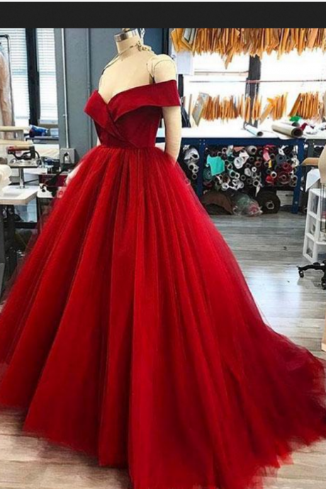 Red V Neck Tulle Long Prom Gown, Evening Dress