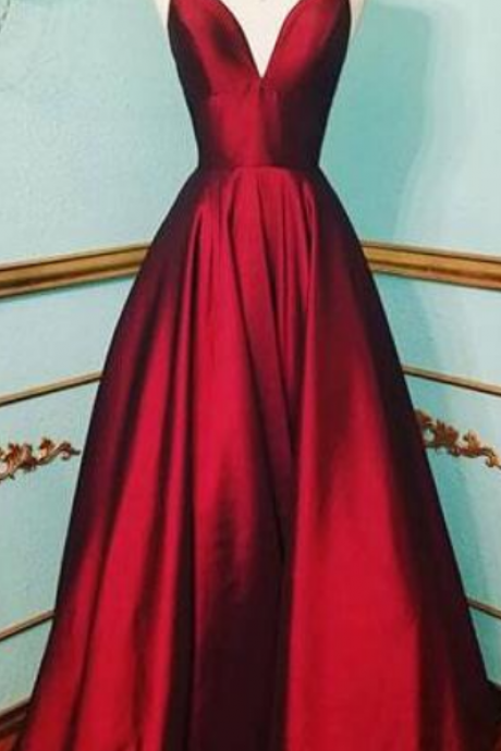 Sexy Burgundy Prom Dress, Prom Dress,simple Prom Dress,v-neck Satin Long Prom Dress,burgundy Evening Dress