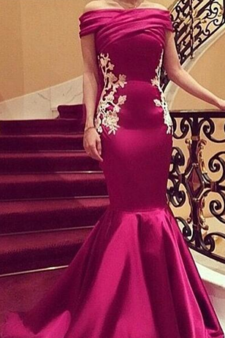 Off-shoulder Mermaid Prom Dress,stain Evening Dress With Lace Appliques Prom Gown
