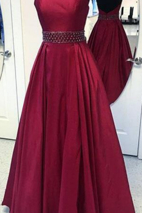  Burgundy Prom Dress,Stain Prom Dress,Sexy Prom Gown,round neck long prom dress, burgundy evening dress 