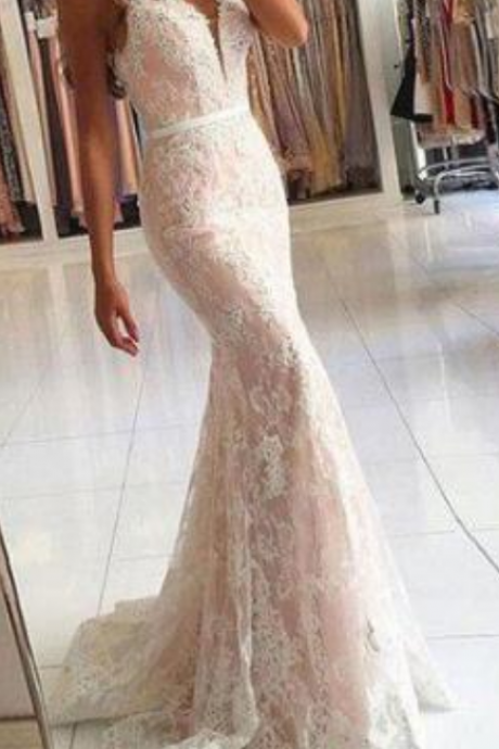 White V Neck Prom Dress,sexy Prom Dress, Prom Dress,lace Mermaid Long Prom Dress ,lace Evening Dress