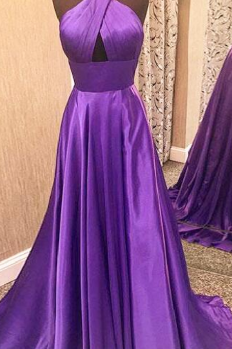 Halter Purple Prom Dress,simple Prom Dress, Prom Dress,long Satin Prom Dress,backless Evening Dress