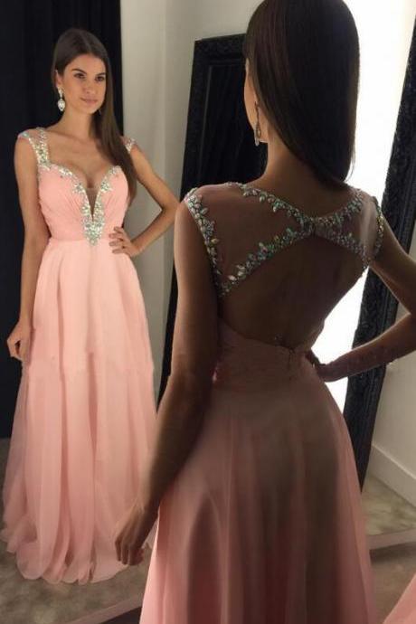 Pink Chiffon Prom Dress Long, Prom Dress,open Back Prom Dress,sexy Beading Prom Dress,sexy Prom Dress,long Evening Dresses,prom Dresses