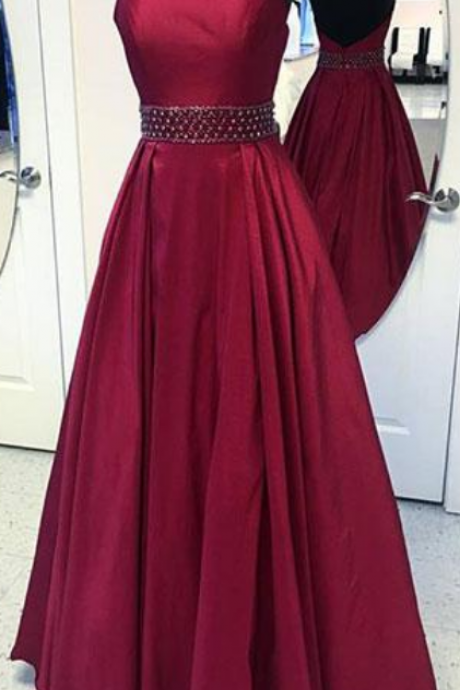  Burgundy round neck long prom dress, burgundy evening dress