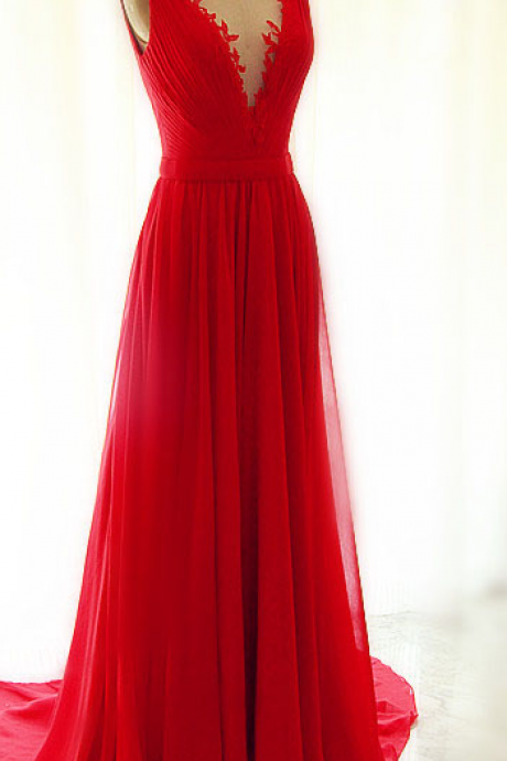 Beautiful Red Chiffon Long V-neckline Handmade Evening Gowns With See Through Tulle, Red Party Dresses, Prom Gowns