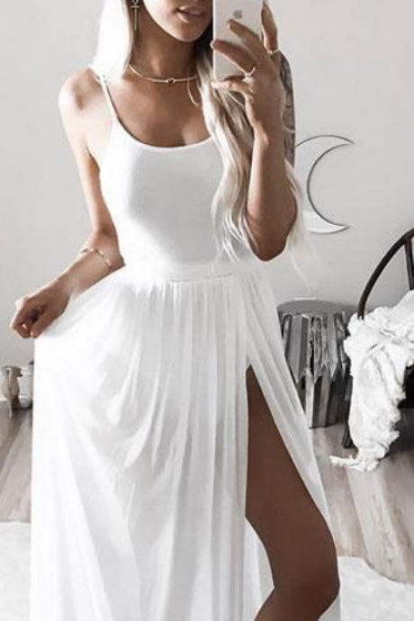  Simple white long prom dress,white evening dress