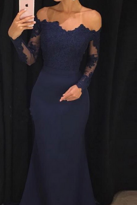 Off The Shoulder Navy Mermaid Prom Dresses With Long Sleeves,sweep Train Lace Prom Dress