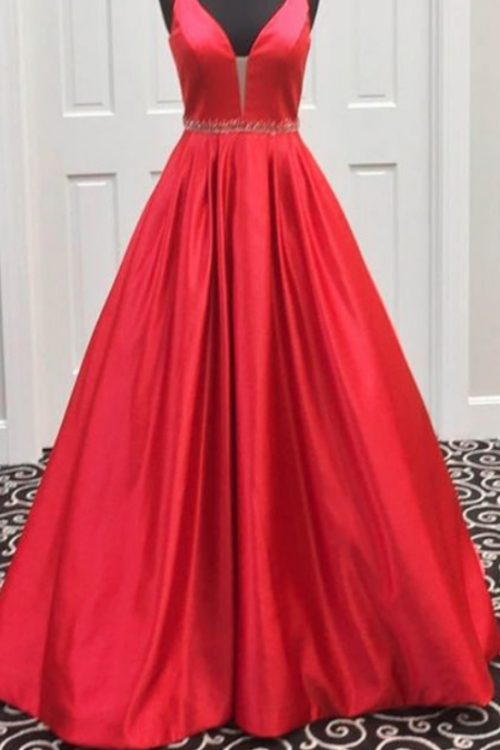 Red V-neck A-line Long Prom Dress,sleeveless Beaded Waist Evening Dress