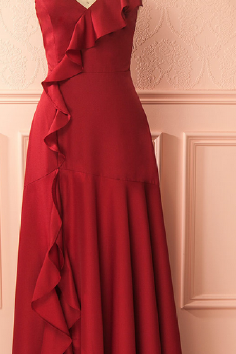 Simple Burgundy V Neck Long Prom Dress,lace Up Back Formal Dress,prom Dress With Ruffles