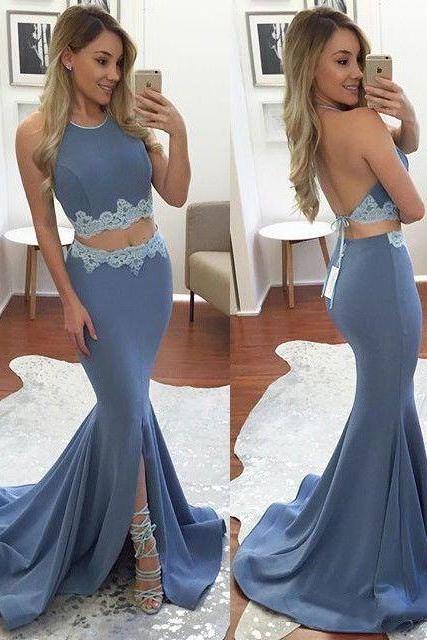 Lace Prom Dress, Prom Gown,2 Pieces Prom Dresses,lace Evening Gowns,2 Piece Evening Gown,lace Blue Prom Gowns