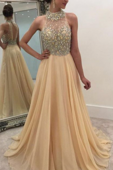 High Neck Champagne Prom Gown, Beaded Rhinestone Prom Dresses