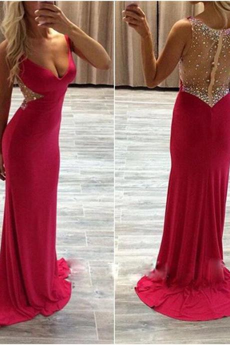 Long Red Chiffon Mermaid Prom Dresses 2018 Beaded Party Dresses V Neck Sheer Back Evening Dresses Formal Gowns For Teens