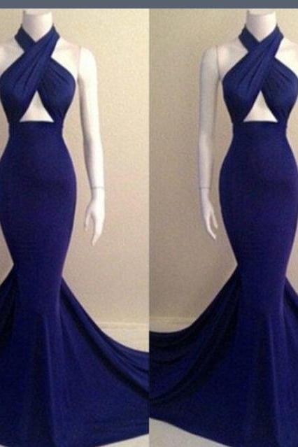 Navy Blue Halter Mermaid Prom Dress With Cut Out Bodice