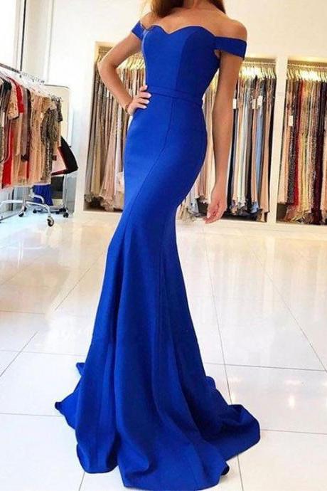Blue Off-the-shoulder Sweetheart Floor Length Trumpet Formal Dress, Prom Dress