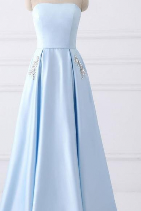 Charming Strapless Lace Up Prom Dresses,sky Blue Graduation Dresses,long Prom Dresses With Pockets Dr