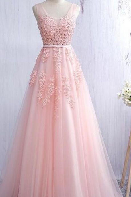 Bridesmaid Dresses,pink Lace Prom Dresses,v-neck Prom Dress,a-line Prom Dresses,backless Prom Gowns,evening Dresses,long Prom Dresses,elegant