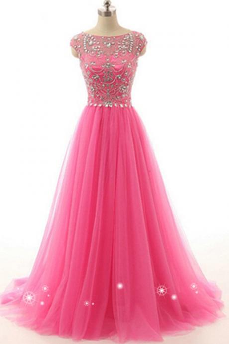 A-line Tulle Beading Handmade Long Zipper Back Beautiful Prom Dresses With Flower Type.charming Graduation Dresses,handmade Prom Gowns