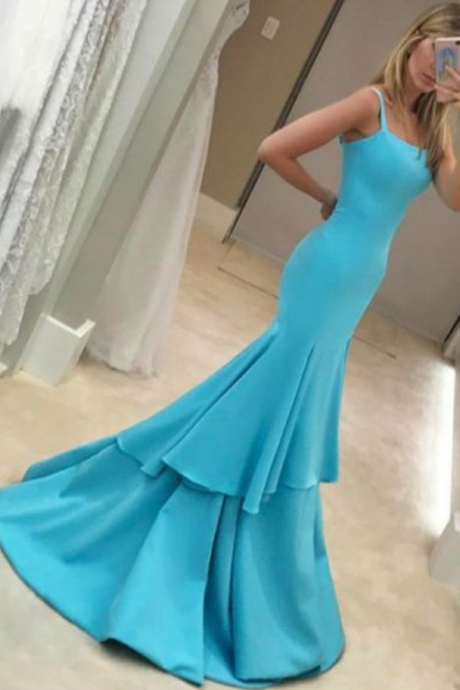 Simple Blue Mermaid Prom Dresses, Elegant Square Neck Tiered Party Dresses, Modest Evening Gowns With Ruffles